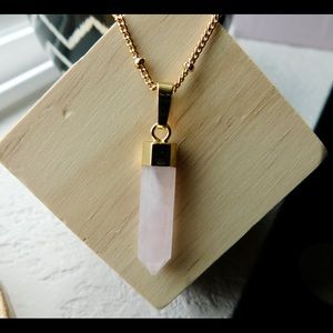 Rose Quartz Gold Long Pointed Pink Crystal Pendant Necklace Boho Natural